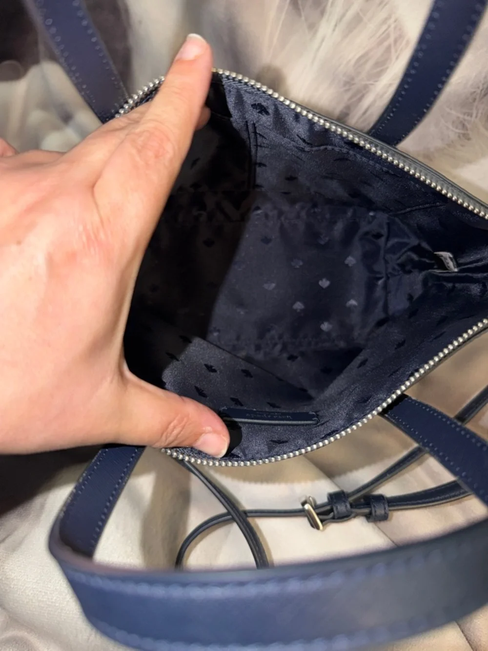 Kate Spade blue  Metallic Glitter Shoulder Tote with navy blue handle and strap. - Picture 11 of 11